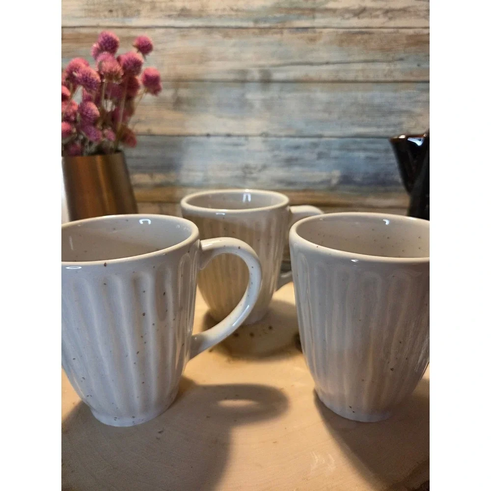 Set of‎ 3 West Elm Ribbed Speckled Stoneware Mugs White Rustic Farmhouse